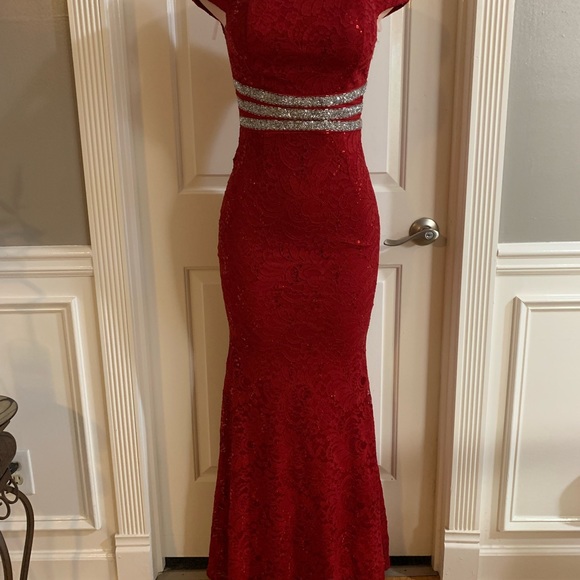 Women junior red lace sequins shoulder off maxi dress size (S) zipper back - Picture 4 of 13